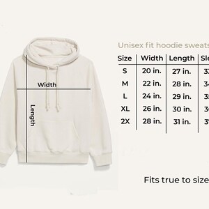 a white hoodie sweatshirt with measurements and a table indicating the size and length of the hoodie.