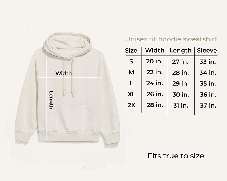 a white hoodie sweatshirt with measurements and a table indicating the size and length of the hoodie.