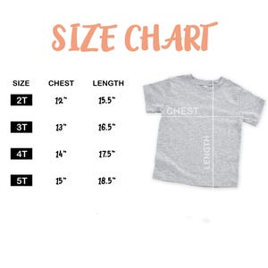 May include: A size chart for children's t-shirts, with measurements in inches. The chart includes sizes 2T, 3T, 4T, and 5T, with corresponding chest and length measurements. A gray t-shirt is shown with labels for chest and length.