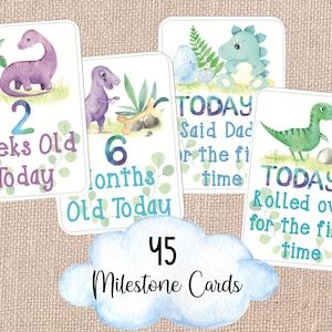 Cartões de marco de dinossauro para bebê menino - Conjunto de 45 cartões de marco de dinossauro em aquarela digital - Marcos mensais do bebê