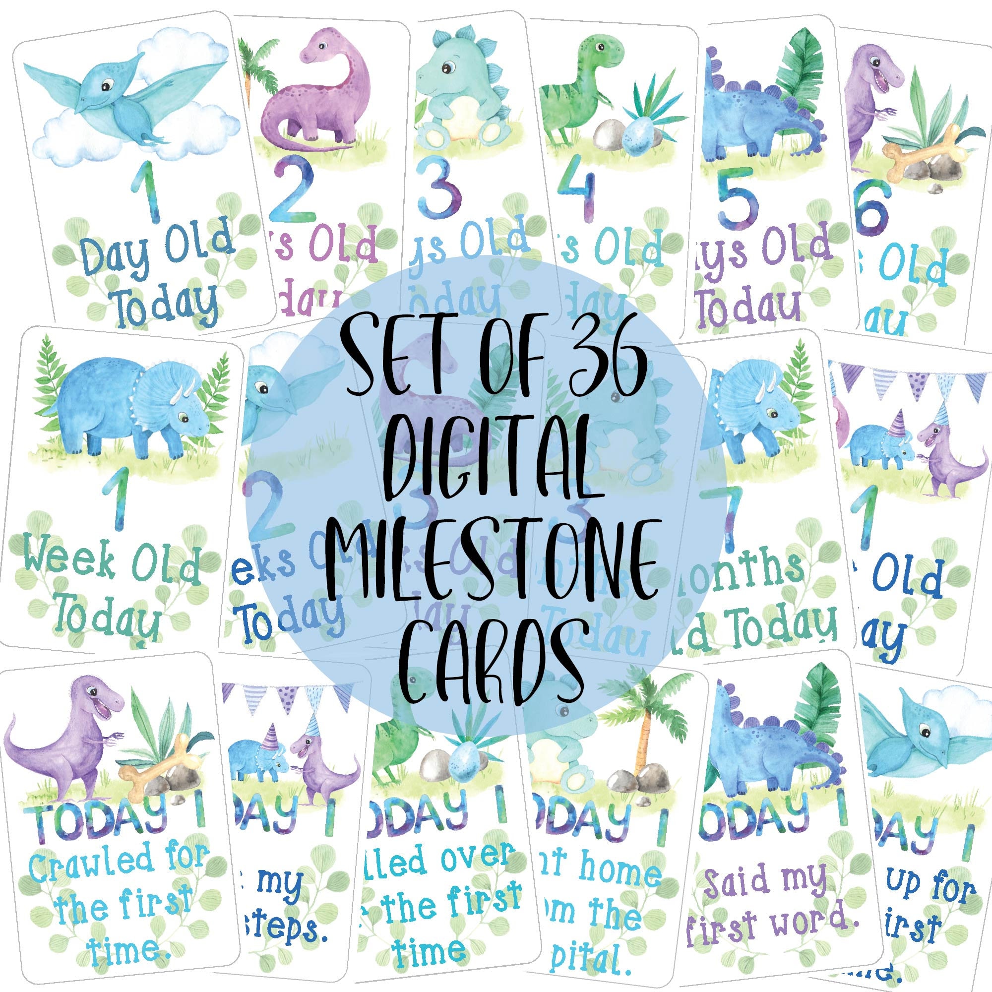 Baby Boy Dinosaur Milestone Cards - Set of 45 Digital Watercolour ...