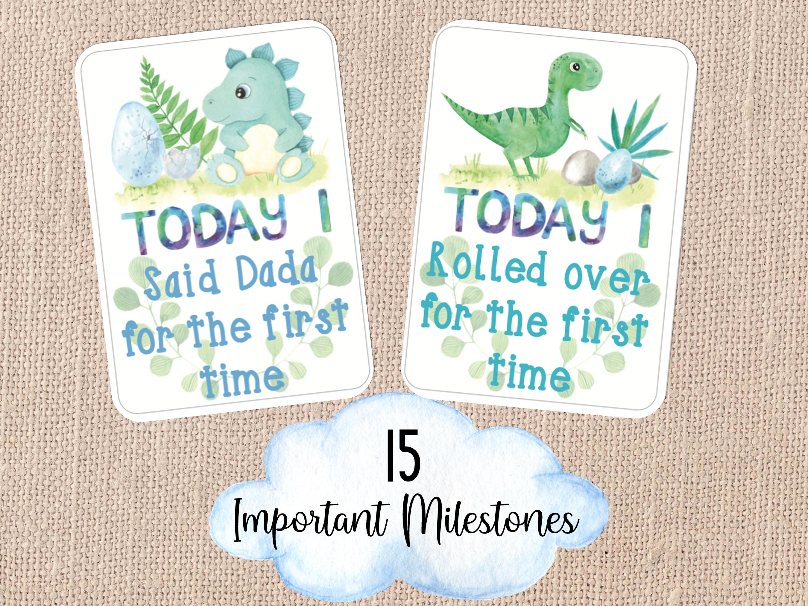 Baby Boy Dinosaur Milestone Cards - Set of 45 Digital Watercolour ...