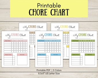 Kids Chore Chart Printable, Chore Chart PDF, Printable Chore Chart for Kids, Daily Weekly Chores, Multiple Colors, 8.5x11", Instant Download