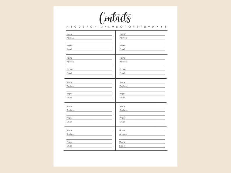 Printable Contacts List Address Book Phone Number Email Etsy