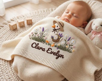 Personalized Embroidered Goose Baby Blanket with Name - Custom Knit Flower Duck Newborn Gift, Gift for Baby Girl, Welcome Baby Blanket