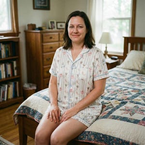 K&ouml;nnte beinhalten: Eine Frau tr&auml;gt einen kurz&auml;rmeligen Pyjama mit einem hellblau-wei&szlig; gestreiften Muster, verziert mit kleinen Blumen- und Eulenmotiven. Der Pyjama hat hellblaue Paspeln. Sie sitzt auf einem Bett mit einer floralen Steppdecke.