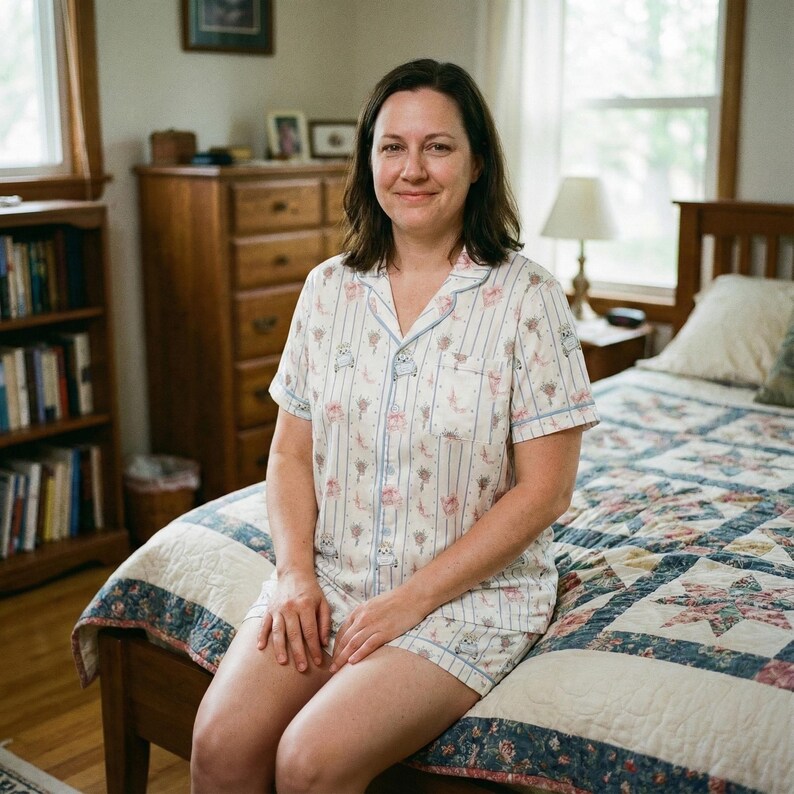K&ouml;nnte beinhalten: Eine Frau tr&auml;gt einen kurz&auml;rmeligen Pyjama mit einem hellblau-wei&szlig; gestreiften Muster, verziert mit kleinen Blumen- und Eulenmotiven. Der Pyjama hat hellblaue Paspeln. Sie sitzt auf einem Bett mit einer floralen Steppdecke.