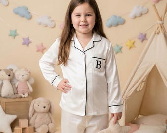 Personalized Kids Satin Pajamas Set, Monogram Initial Sleepwear, Luxury Classic PJs for Girls, Birthday Gift