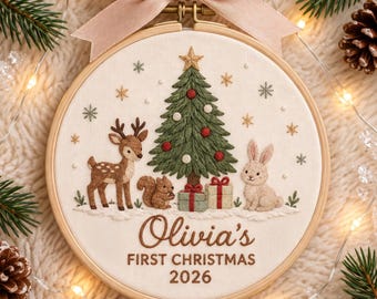 Custom Woodland Animal Baby's First Christmas Embroidered Ornament, Personalized Name Hoop, Baby's 1st Christmas Gift, Newborn Keepsake