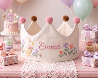 Personalized Floral Embroidered Crown for Baby Girl, Custom Name Birthday Goose First Birthday Gift, Princess Party Hat Special Occasions