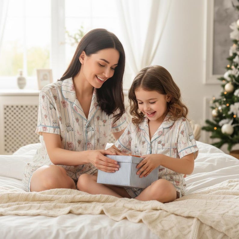 K&ouml;nnte beinhalten: Mutter und Kind in passenden Pyjamas sitzen auf einem Bett und &ouml;ffnen eine gestreifte Geschenkbox. Die Pyjamas sind wei&szlig; mit hellblauen Verzierungen und einem sich wiederholenden Muster aus kleinen Illustrationen. Im Hintergrund ist ein Weihnachtsbaum zu sehen.