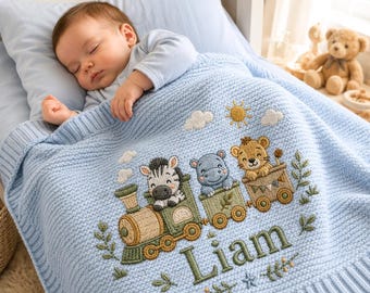Personalisierte Baby-Decke mit Namen | Bestickter Safari Tier Zug | Kundenspezifische Löwe Nilpferd Zebra Strick-Decke | Neugeborenen Geschenk | Safari Kindergarten
