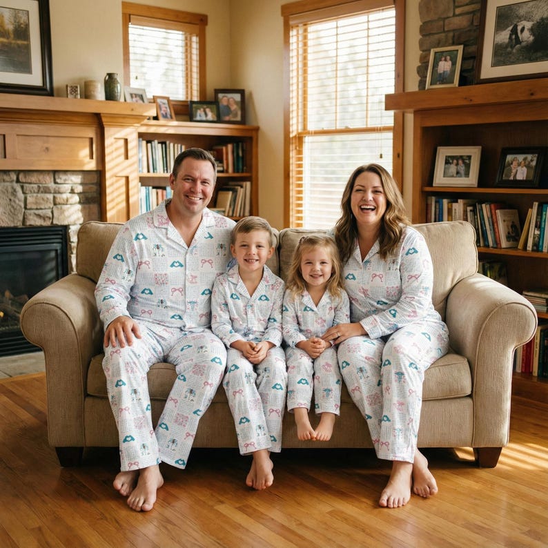K&ouml;nnte beinhalten: Eine vierk&ouml;pfige Familie tr&auml;gt passende wei&szlig;e Pyjamas mit einem hellblauen und rosa Muster. Die Pyjamas haben ein Hemd mit Kn&ouml;pfen und eine Hose. Die Familie sitzt auf einem beigen Sofa in einem Wohnzimmer mit Kamin und B&uuml;cherregalen.