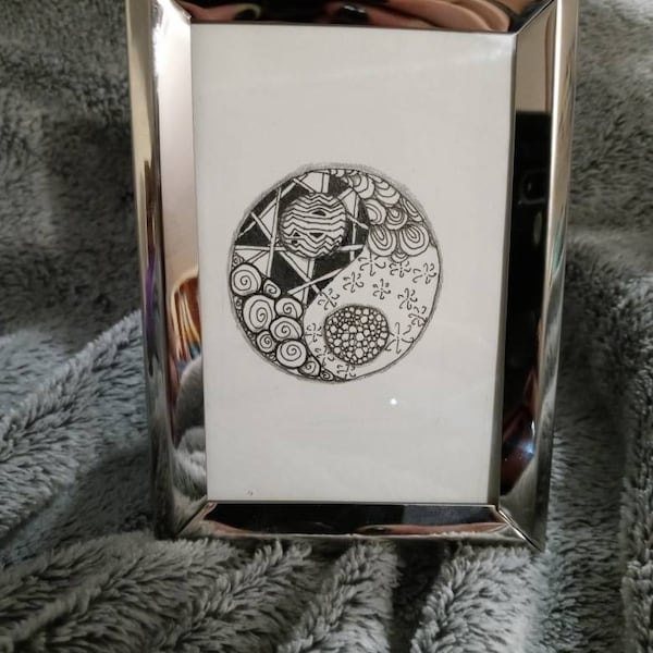 Zentangle inspired art original; yin and yang symbol; ink art