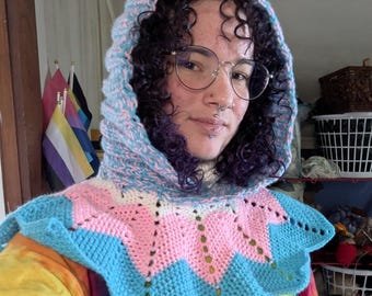 Hooded Shoulder Poncho/Shawl; pride edition "trans flag"