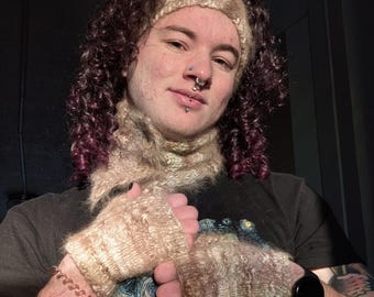 Winter Warmth Set: neckwarmer/cowl, fingerless mitts, and headband set; handspun and handknit warmth wear