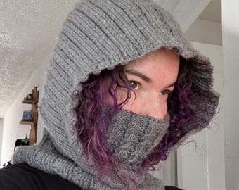 Hooded snood/cowl; Handknit hood made with 100% acrylic in Gray