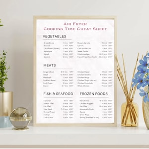 May include: A framed air fryer cooking time cheat sheet with a white background and red text. The sheet lists cooking times for vegetables, meats, fish, seafood, and frozen foods. Decorative plants and vases are in the foreground.
