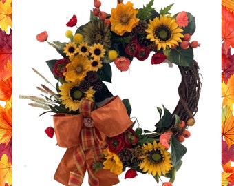 Fall Grapevine Sunflower Wreath, Autumn Door Wreath, Harvest Wreath, Sunflower Decor
