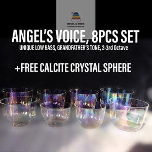 LARGE ANGEL'S VOICE, volledige 8-delige set, unieke kristallen klankschalen lage bas, 2-3e kruisoctaaf, op A-majeur, gebouwd door reiki/componist