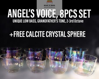 LARGE ANGEL'S VOICE, volledige 8-delige set, unieke kristallen klankschalen lage bas, 2-3e kruisoctaaf, op A-majeur, gebouwd door reiki/componist