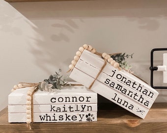 Farmhouse Custom Book Decor // Personalized Name Decor // Personalized Family Books // Hand Stamped Book Stacks // Christmas Gift