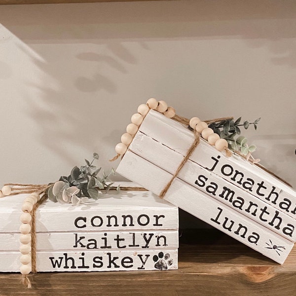 i com books name Farmhouse Custom Book Decor // Personalized Name Decor // Personalized Family Books // Hand Stamped Book Stacks // Christmas Gift