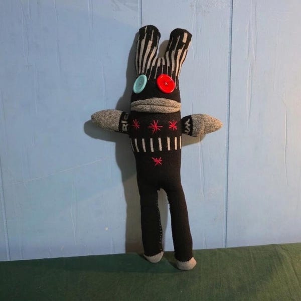 Riot Sock Monster Art Doll – 15" Handmade Quirky Creature, Mismatched Button Eyes
