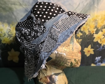 Scrappy Patchwork Denim Bucket Hat – Medium Size Handmade OOAK