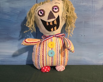 Spooky Clown Art Doll "Razzle" – Handmade Fabric Plushie, Oddity Gothic Folk Art