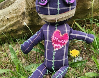 Handmade Plaid Rag Doll: Creepy Zipper Mouth Art Doll