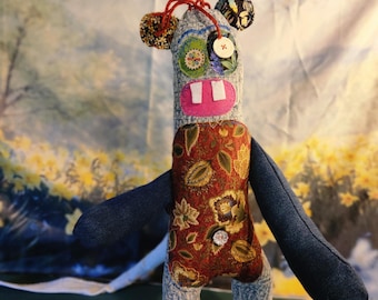Toothbert Twill Handmade Denim Monster Art Textile Rag Doll Handsewn Unique OOAK