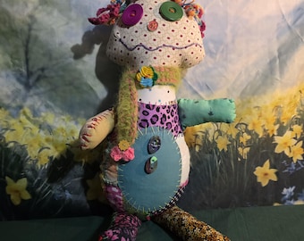 Larkin Sprig Handmade Mixed Media Rag Doll – 15" Scrappy Boho Fabric Plushie Creature