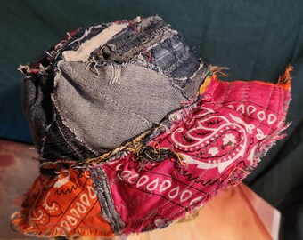 Reversible Scrappy Denim & Bandana Bucket Hat – Small / Child Size Handmade OOAK