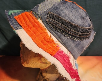 Scrappy Patchwork Denim Bucket Hat – Small / Child Size Handmade OOAK