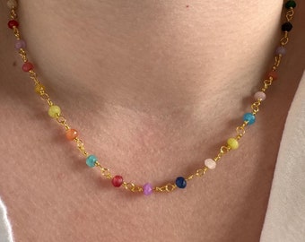 Colorful beaded chain necklace, rosary chain necklace, gold charm necklace