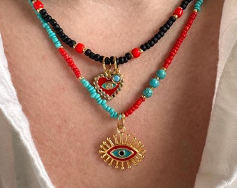 Colorful Beaded Necklace set, Beaded necklace with charm, evil eye necklace, summer bead necklace
