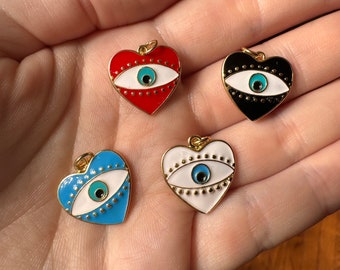 Gold evil eye heart charms, 14k gold plated charm pendant, charms for jewelry making supply