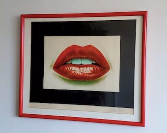 Vintage Post Modern Framed Pop Art &#39;LIPS&#39; Signed Lithograph-&#39;79 #44/300