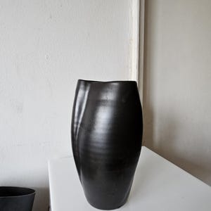 May include: A matte black ceramic vase with an organic, asymmetrical silhouette. The vessel features a smooth, curved body with a subtle indentation on one side, creating a unique, flowing form that tapers slightly toward the top opening.