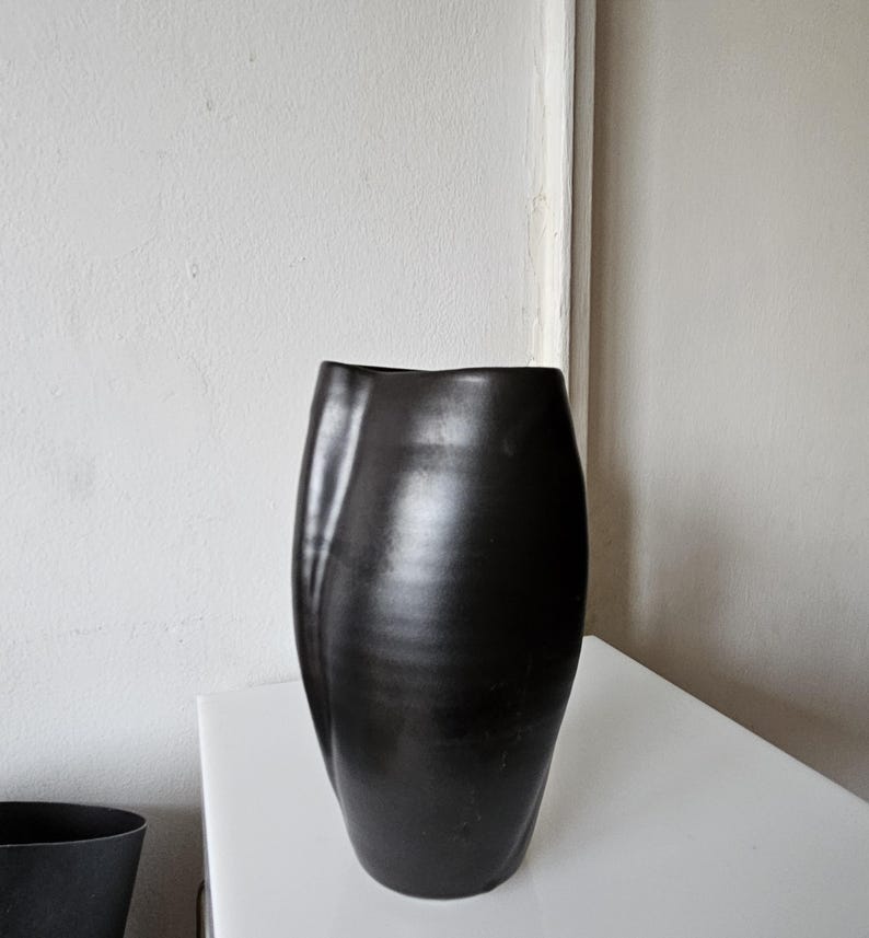 May include: A matte black ceramic vase with an organic, asymmetrical silhouette. The vessel features a smooth, curved body with a subtle indentation on one side, creating a unique, flowing form that tapers slightly toward the top opening.