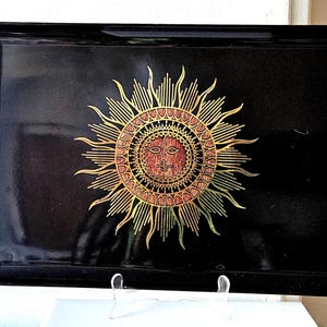 Vintage Couroc of Monterey Brass & Rosewood Inlaid Smiling Radiant Sun Face Design Large Tray ca.60s