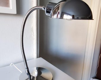 Vintage Modernist Polished Chrome Gooseneck Dome Shade Table Lamp