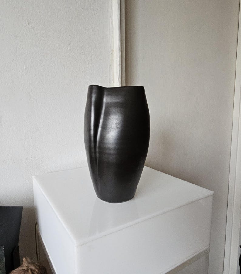 May include: A matte black ceramic vase with a smooth, rounded body and a distinct vertical indentation along one side. The vase features an asymmetrical, curved rim that dips slightly on the left, creating a fluid and organic silhouette.
