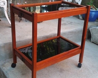 Vintage Mid Century Scandinavian Modern 2-Tier Teak Folding Rolling Serving & Bar Cart
