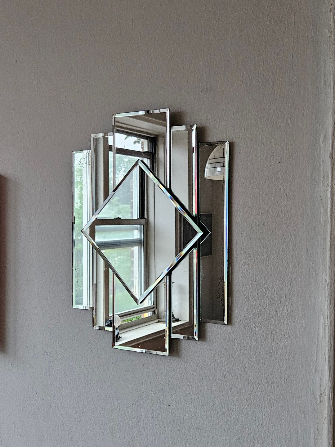 Vintage PAIR 1970s Geometric Art Deco Revival Wall Mirrors by