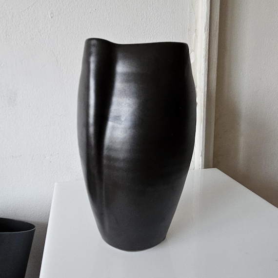 Vintage Mid 20C Sculptural Organic Black Satin Glaze Studio Pottery Vase