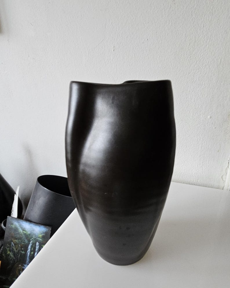 May include: A tall, matte black ceramic vase with a smooth, organic, and asymmetrical silhouette. The vase features a curved, undulating body that tapers toward the base and has a wide, irregular opening at the top, showcasing a solid dark finish.