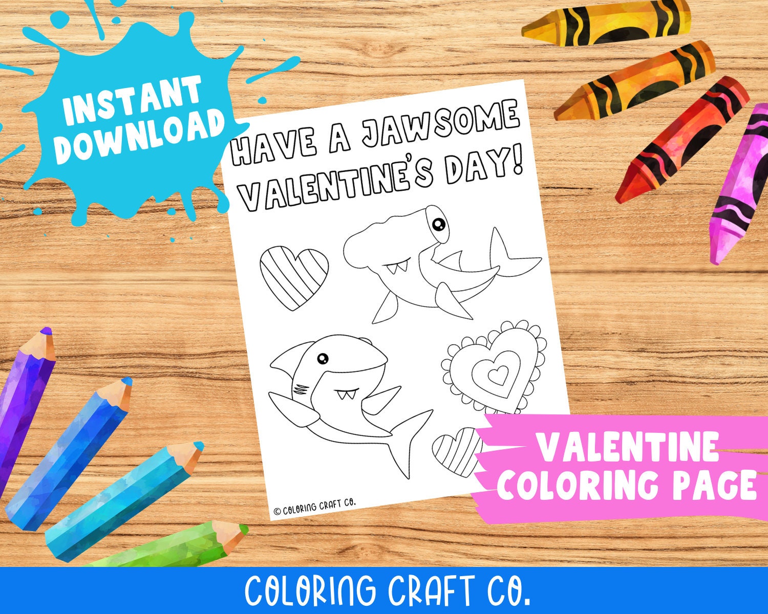 Shark Valentine Coloring Page Valentine's Day Coloring | Etsy