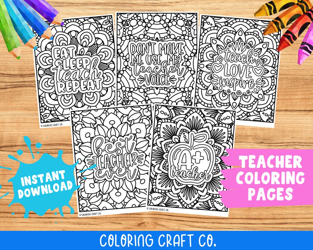 Set 4 Teacher Coloring Pages Printable Teacher Life Gift Etsy